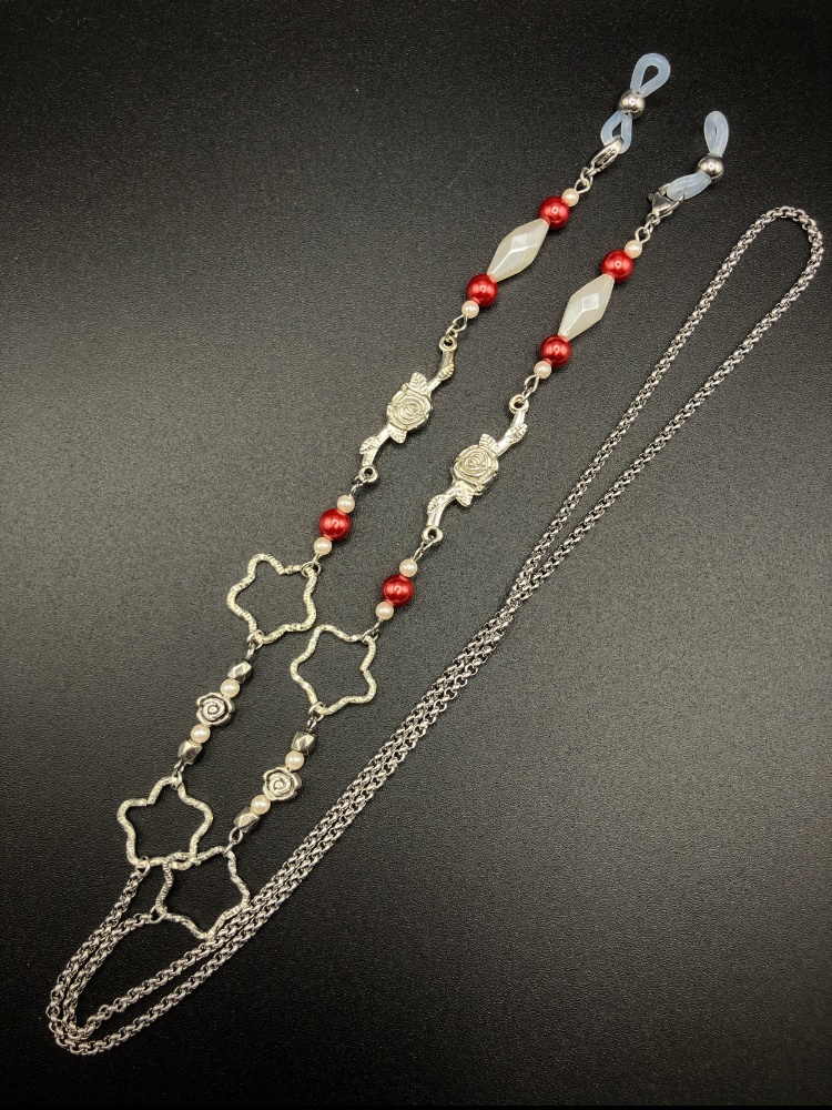 【メガネチェーン】レッド×シルバー (ニッケルフリー)ハンドメイド