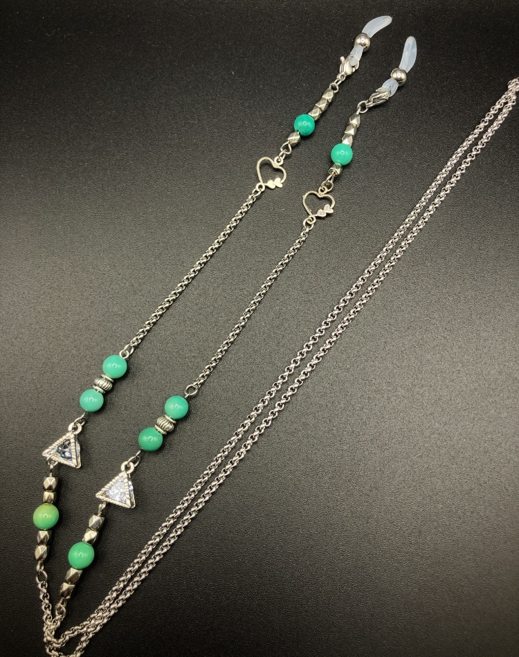 【メガネチェーン】ミントグリーン×シルバー (ニッケルフリー)ハンドメイド