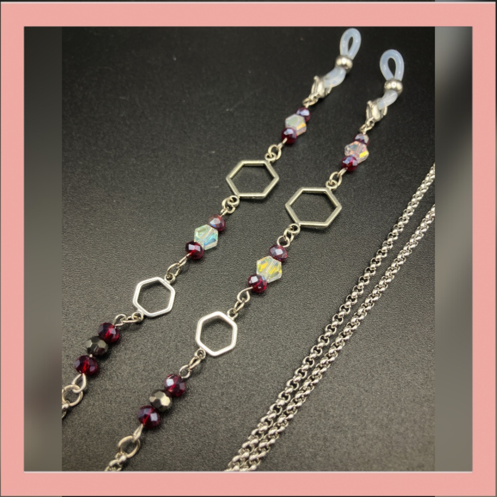 【メガネチェーン】レッド×シルバー　(ニッケルフリー)ハンドメイド