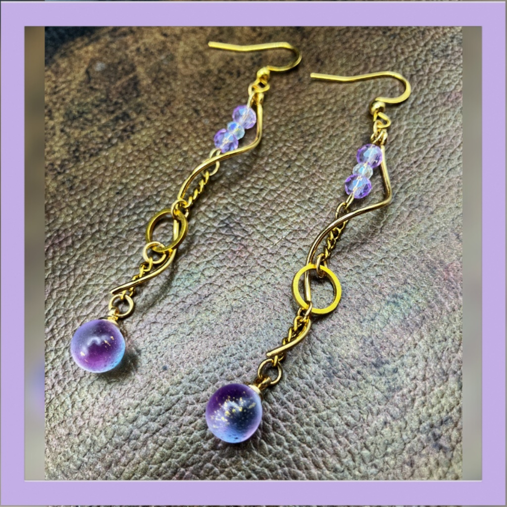 【ピアス イヤリング】パープル ピンク×ゴールド ハンドメイド ニッケルフリー