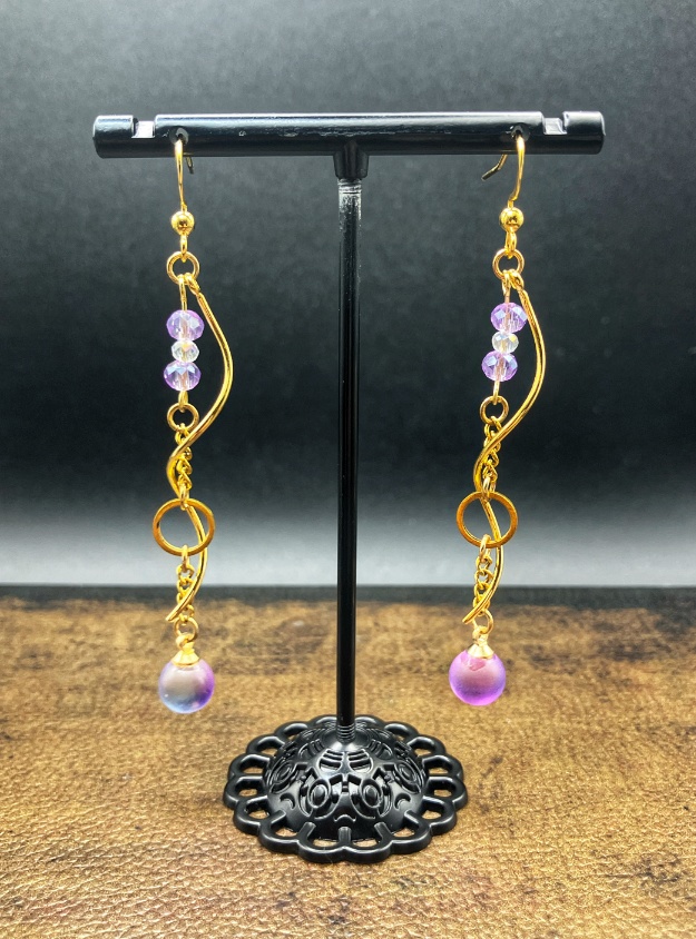 【ピアス イヤリング】パープル ピンク×ゴールド ハンドメイド ニッケルフリー