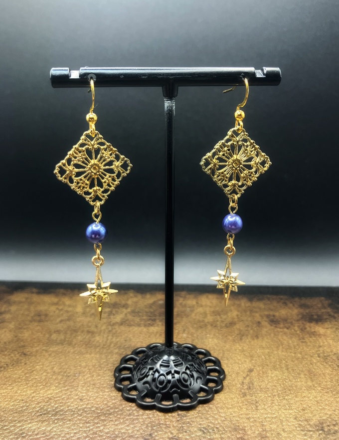 【ピアス イヤリング】ブルー×ゴールド ハンドメイド ニッケルフリー