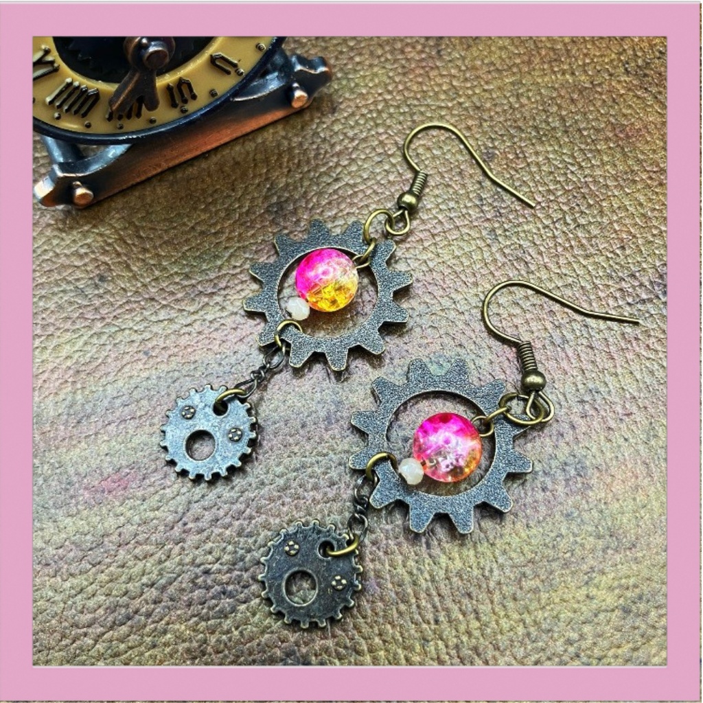 【ピアス イヤリング】ピンク×金古美 ハンドメイド ニッケルフリー