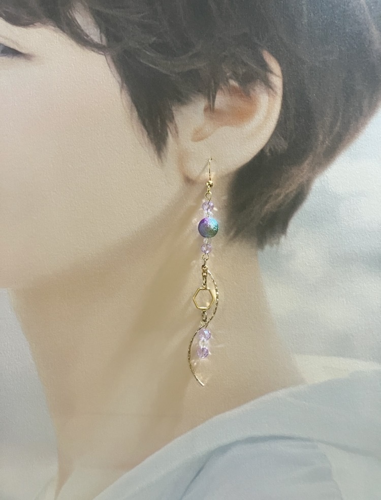 【ピアス イヤリング】パープル ブルー×ゴールド ハンドメイド ニッケルフリー