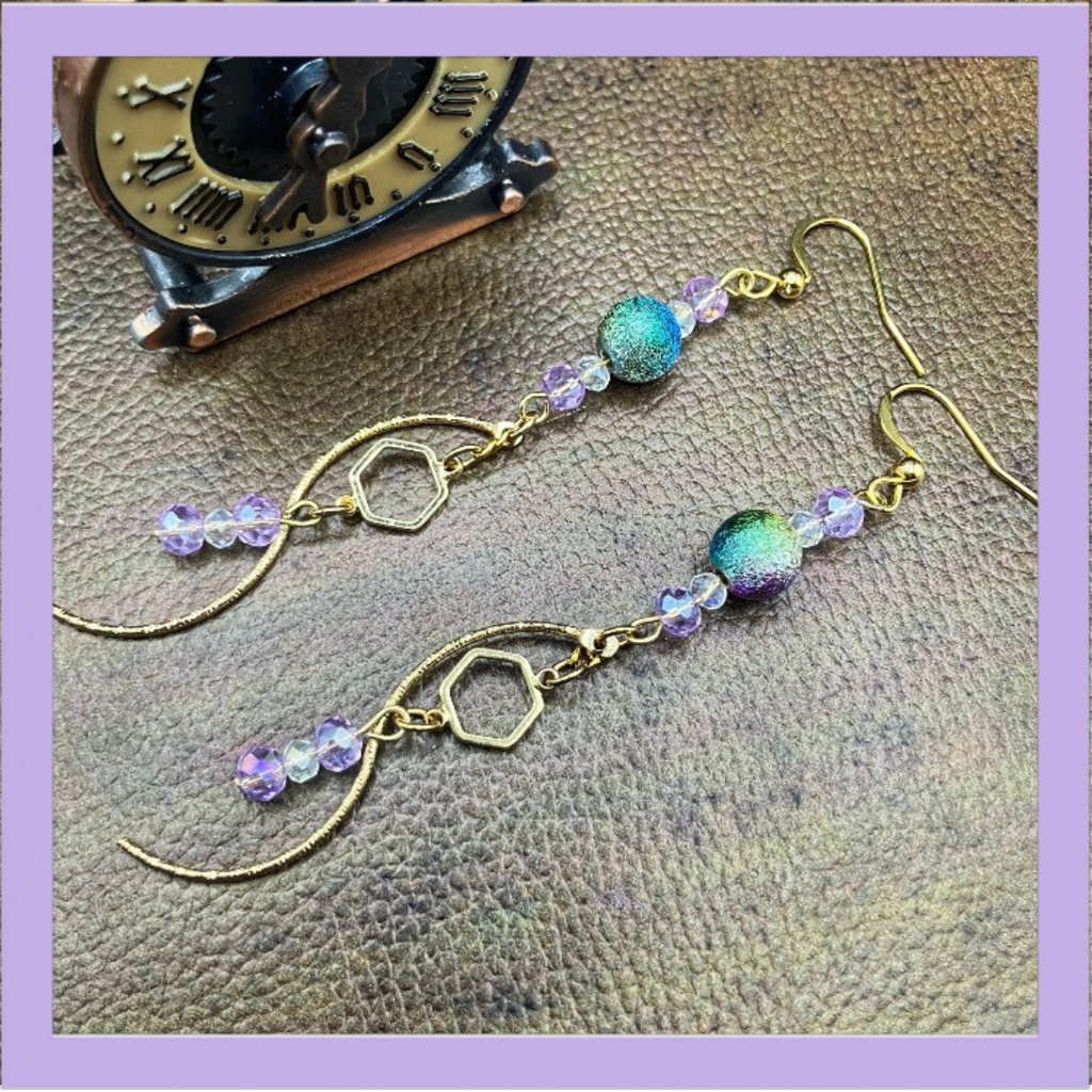 【ピアス イヤリング】パープル ブルー×ゴールド ハンドメイド ニッケルフリー