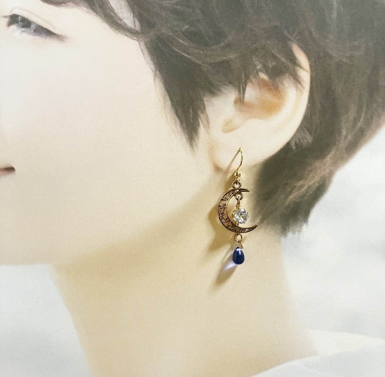 【ピアス イヤリング】ブルー×ゴールド ハンドメイド ニッケルフリー