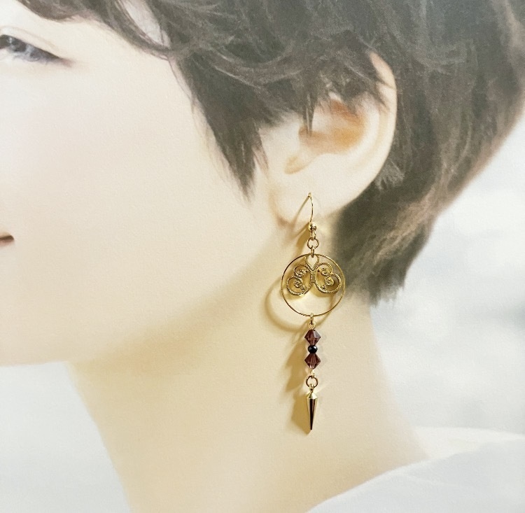 【ピアス イヤリング】パープル×ゴールド ハンドメイド ニッケルフリー