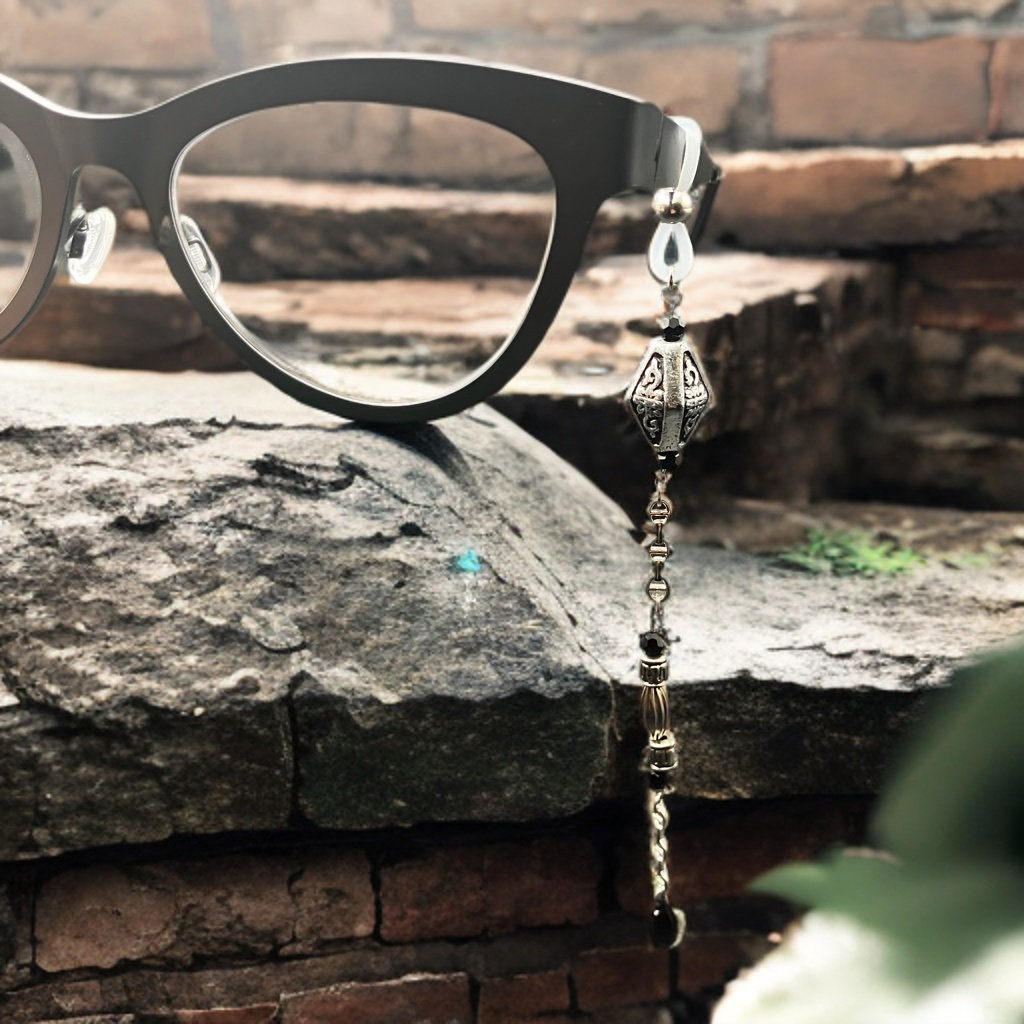 【メガネチャーム】ブラック×シルバー　(ニッケルフリー)ハンドメイド