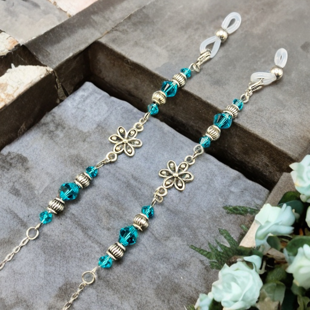 【メガネチェーン】ブルー×シルバー　(ニッケルフリー)ハンドメイド