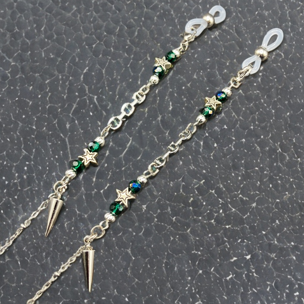 【メガネチェーン】グリーン×シルバー　(ニッケルフリー)ハンドメイド