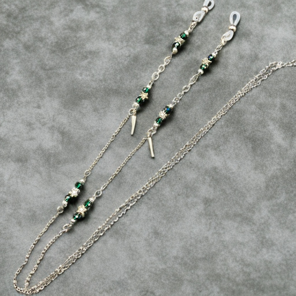 【メガネチェーン】グリーン×シルバー (ニッケルフリー)ハンドメイド