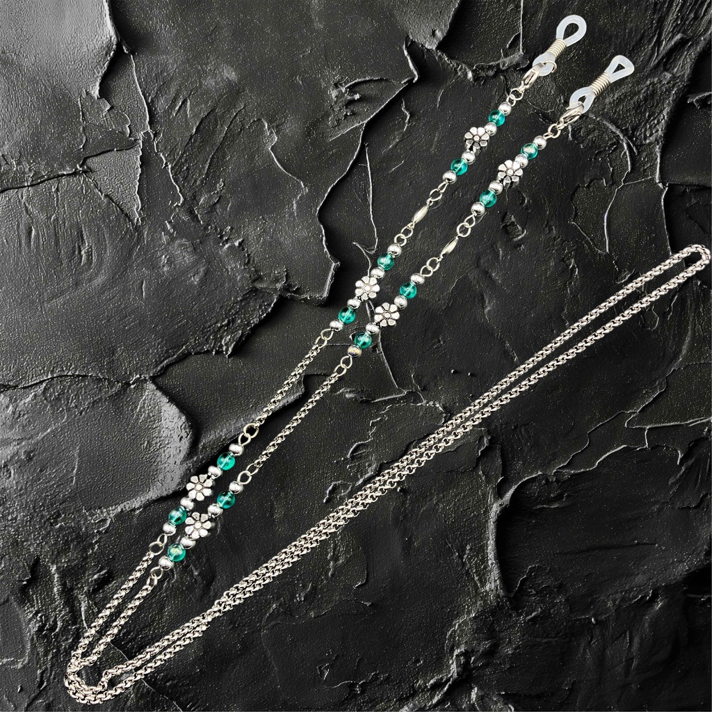 【メガネチェーン】グリーン×シルバー (ニッケルフリー)ハンドメイド