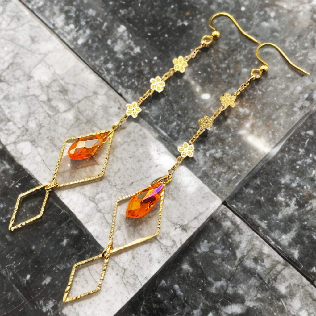 【ピアス イヤリング】オレンジ×ゴールド ハンドメイド ニッケルフリー