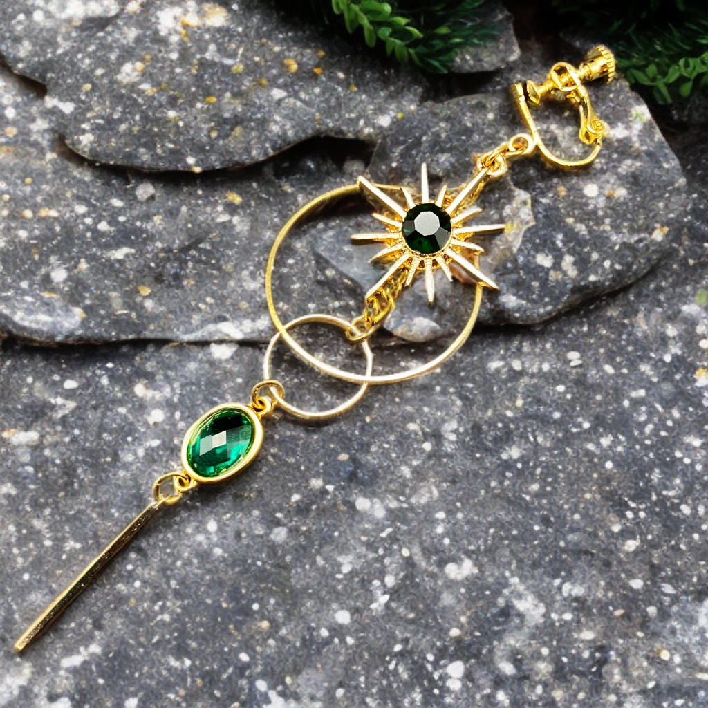 【3/20 アルトヴァリエで先行販売　後日BOOTHで通販予定】片耳イヤリング アシンメトリー ピアス穴不要　金属アレルギー対応　個性派アクセ　魔法　ファンタジー　グリーン