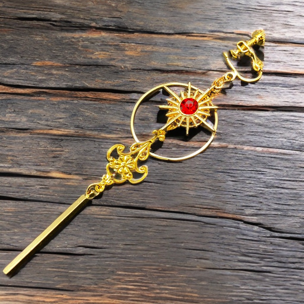 【3/20 アルトヴァリエで先行販売　後日BOOTHで通販予定】片耳イヤリング アシンメトリー ピアス穴不要　金属アレルギー対応　個性派アクセ　魔法　ファンタジー　レッド