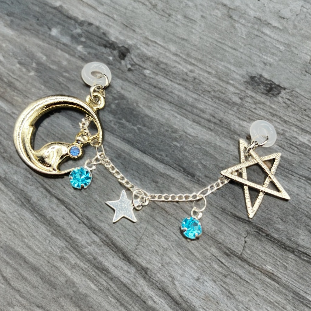 メガネチャーム　メガネアクセサリー　ファンタジー　個性的　推し活　ブルー　かわいい　ねこ　月　猫　星　スター