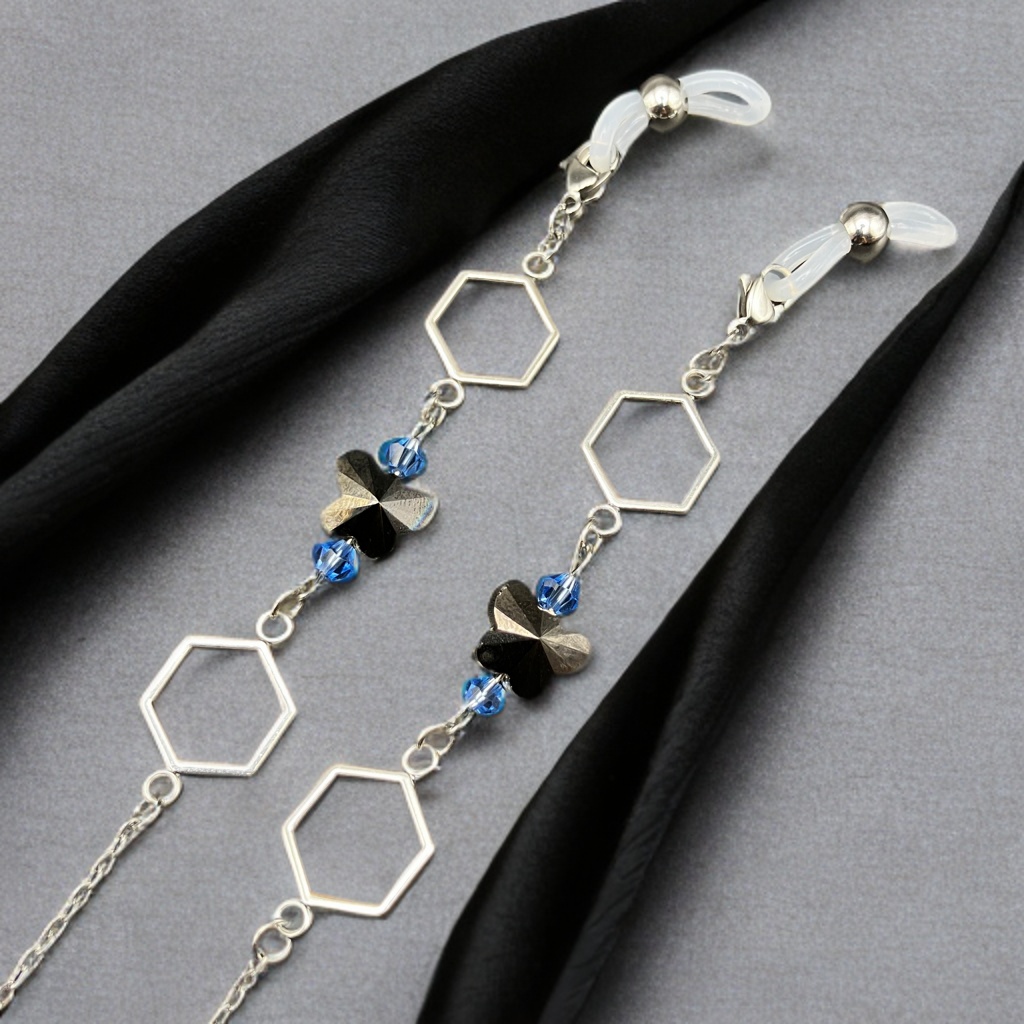 メガネチェーン グラスコード 金属アレルギー対応 サージカルステンレス ファンタジー ニッケルフリー 個性的 推し活 かっこいい かわいい サイバー 蝶々 六角形 ブルー