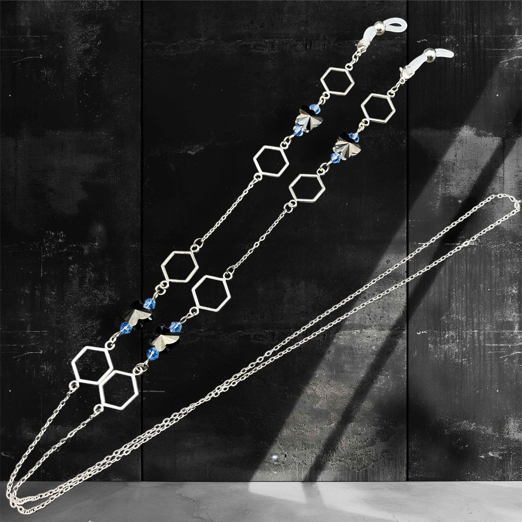 メガネチェーン グラスコード 金属アレルギー対応 サージカルステンレス ファンタジー ニッケルフリー 個性的 推し活 かっこいい かわいい サイバー 蝶々 六角形 ブルー