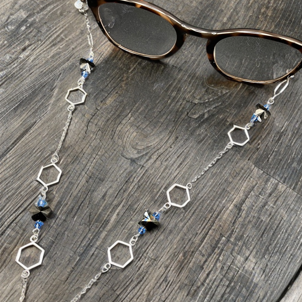 メガネチェーン グラスコード 金属アレルギー対応 サージカルステンレス ファンタジー ニッケルフリー 個性的 推し活 かっこいい かわいい サイバー 蝶々 六角形 ブルー