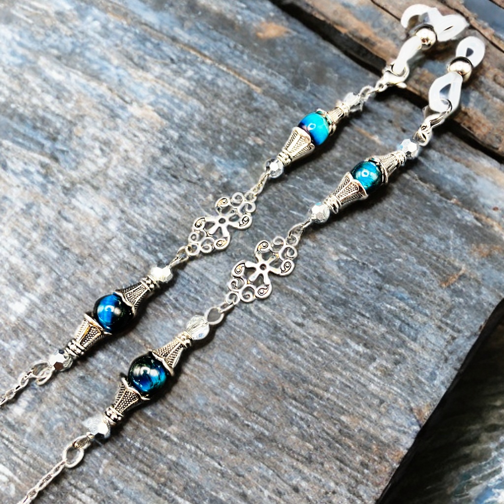 メガネチェーン グラスコード 金属アレルギー対応 サージカルステンレス ファンタジー ニッケルフリー 個性的 推し活 かっこいい ブルー アンティーク 天然石 タイガーアイ