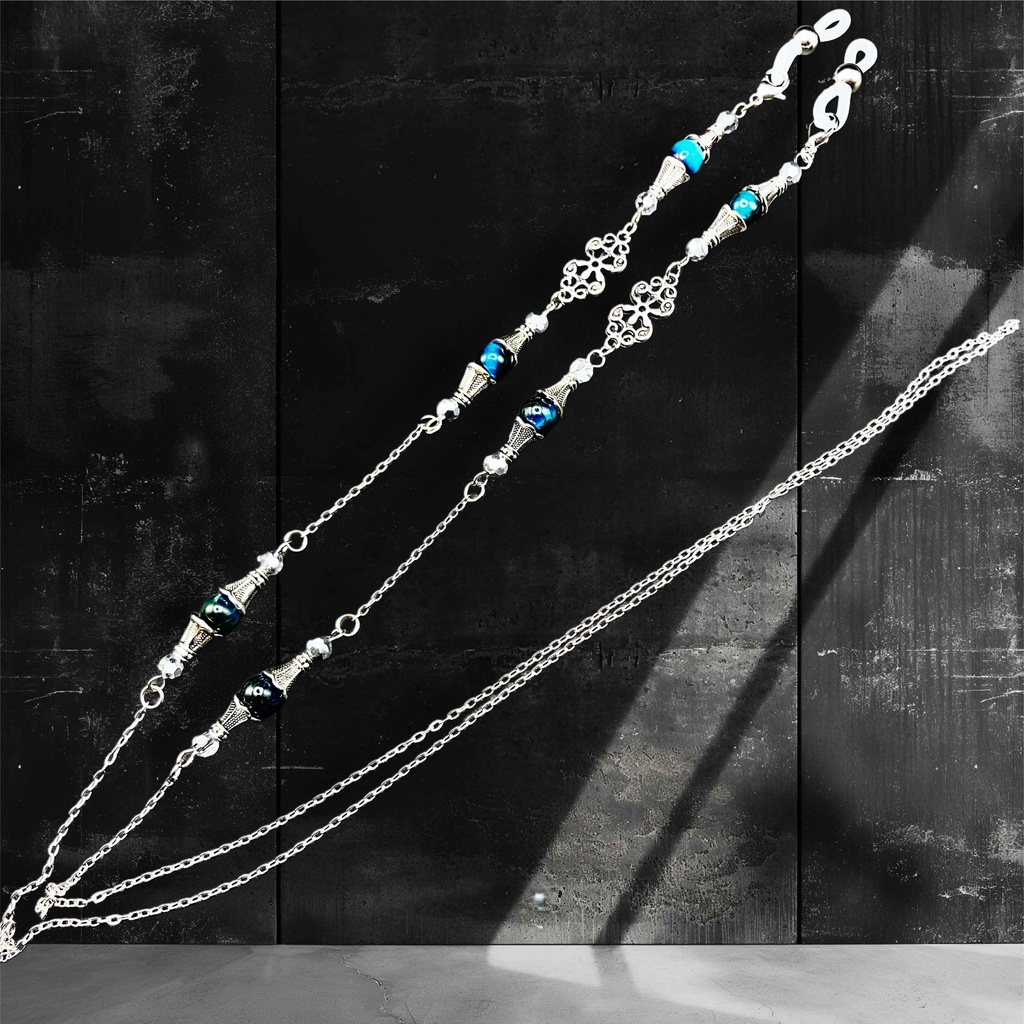 メガネチェーン グラスコード 金属アレルギー対応 サージカルステンレス ファンタジー ニッケルフリー 個性的 推し活 かっこいい ブルー アンティーク 天然石 タイガーアイ