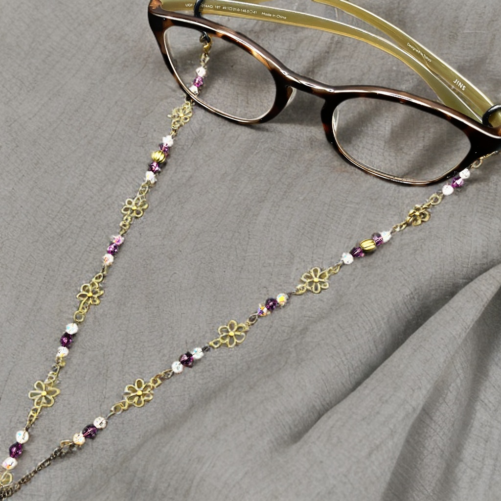 メガネチェーン グラスコード ファンタジー 個性的 推し活 パープル きれい アンティーク フラワー