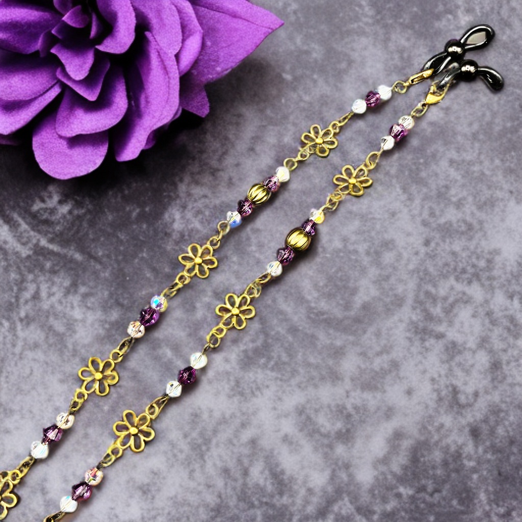 メガネチェーン グラスコード ファンタジー 個性的 推し活 パープル きれい アンティーク フラワー