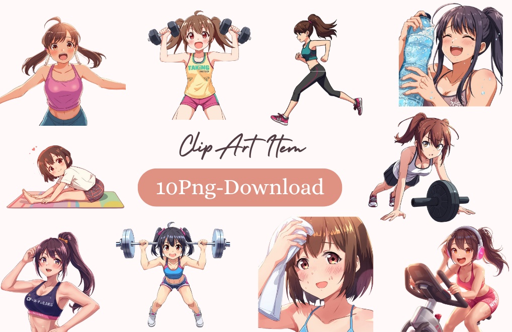 ゆるふわ系アニメ風 フィットネス女子クリップアート素材(10種類セット)