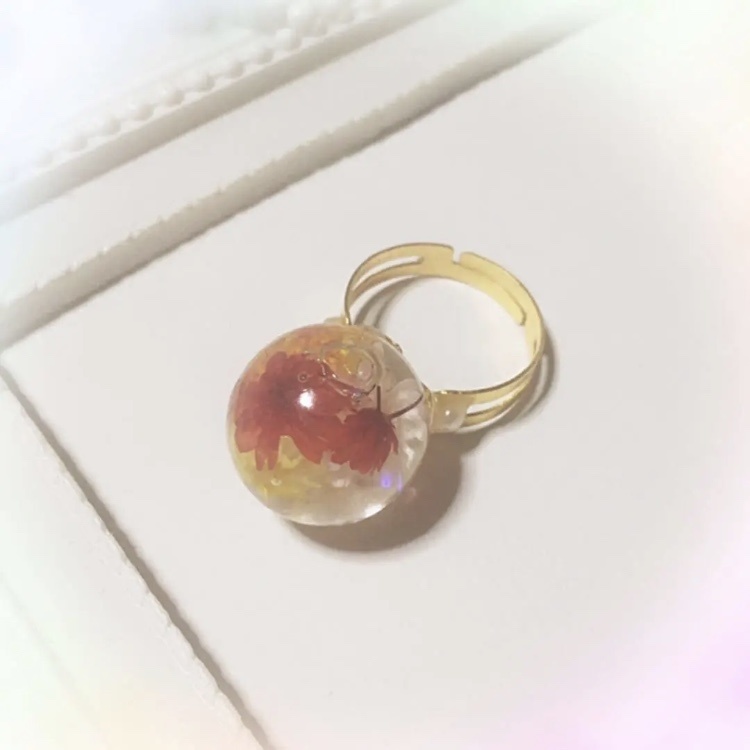 ハーバリウムのゆらゆらガラスドームリング*ドライフラワー かすみ草 フリーサイズ