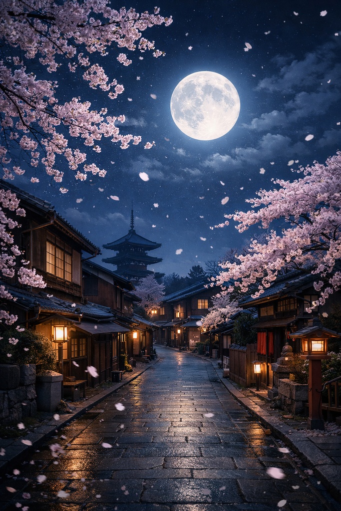 【AI生成】和風×夜 桜と満月のスマホ壁紙セット（4K・縦長）