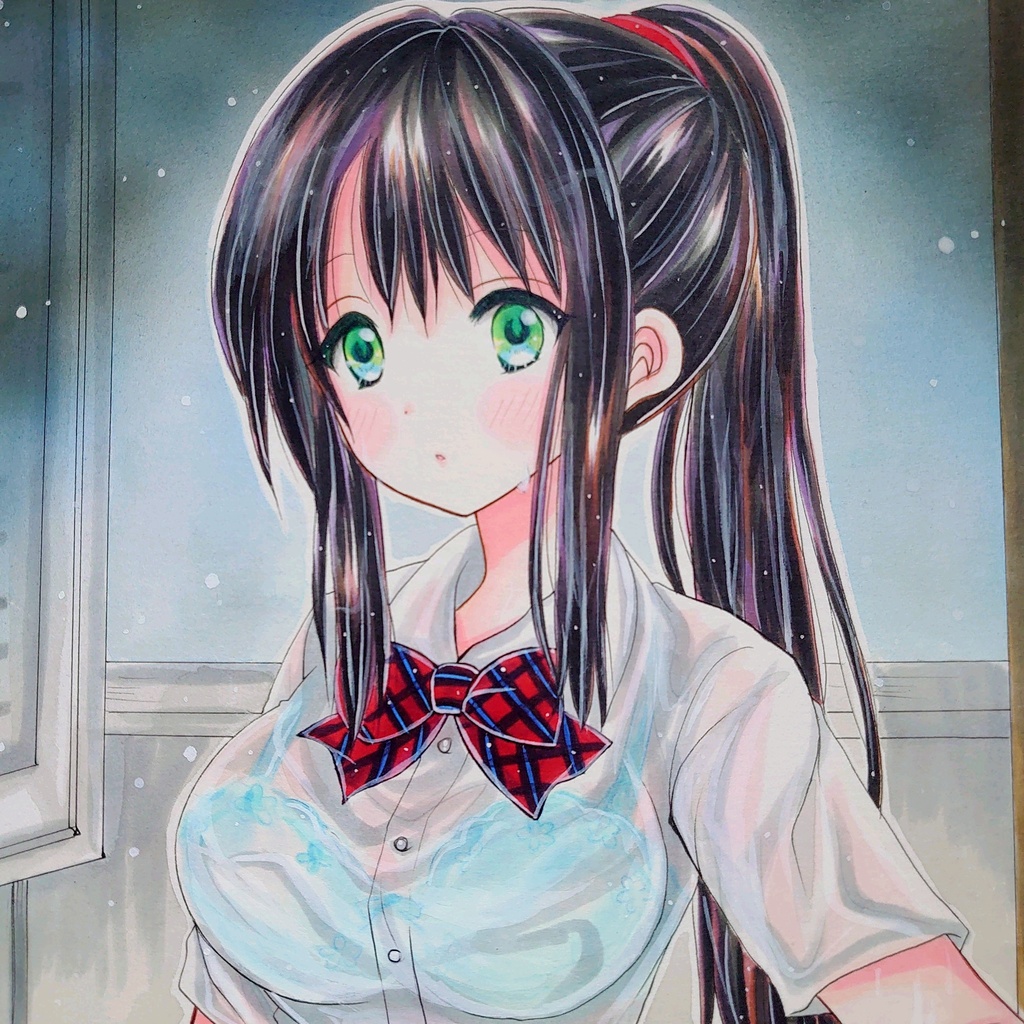 オリジナル　雨宿り　手描きイラスト