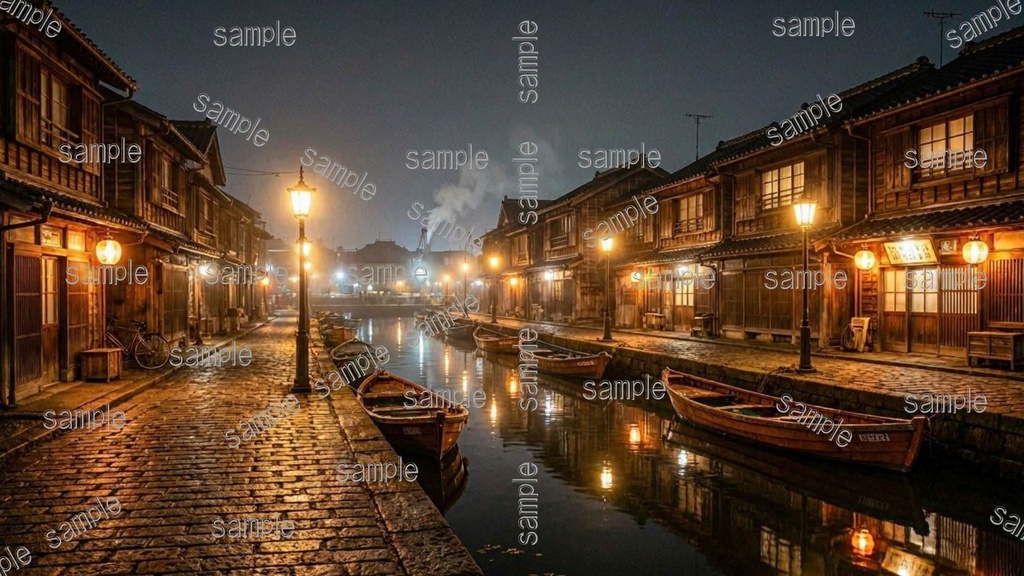 【VTuber配信背景】和風レトロな運河の港町 夜景背景素材6枚セット