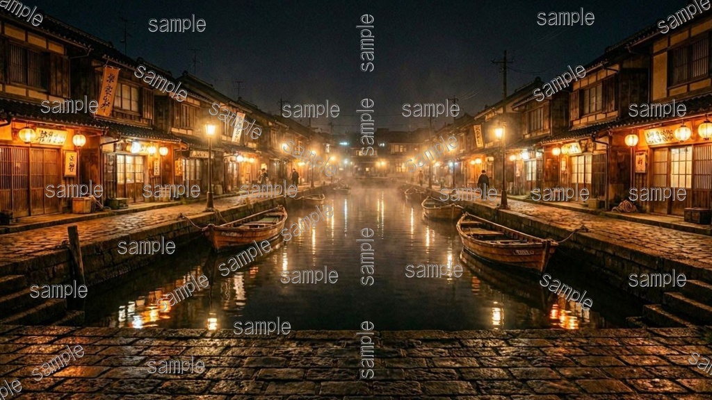 【VTuber配信背景】和風レトロな運河の港町 夜景背景素材6枚セット