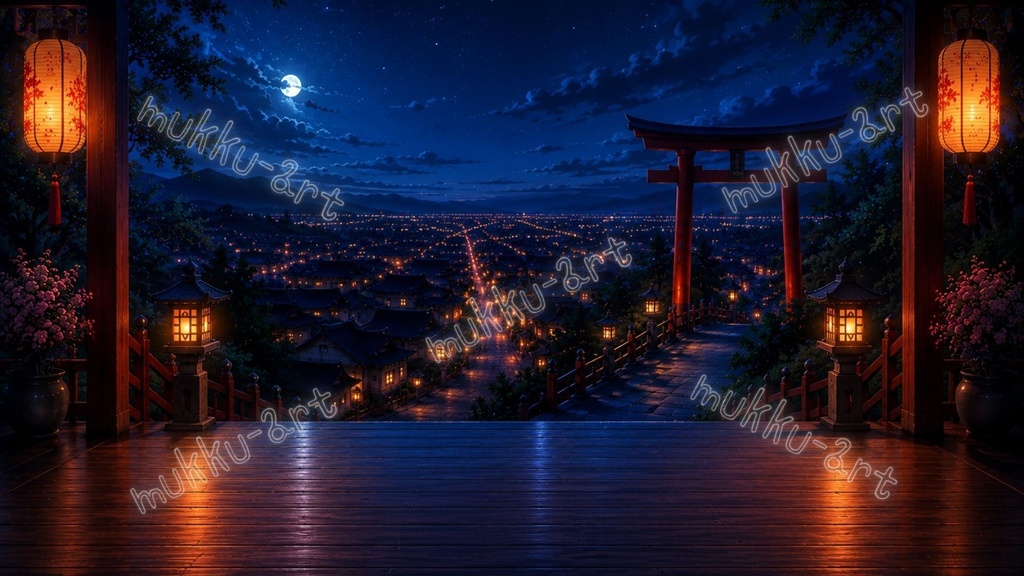 【VTuber配信背景】和風神社テラス背景4種セット｜夜景・夕焼け・朝・紫陽花雨上がり