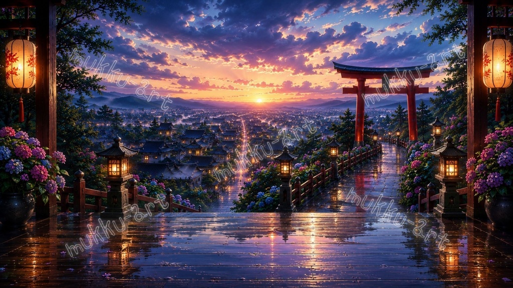 【VTuber配信背景】和風神社テラス背景4種セット|夜景・夕焼け・朝・紫陽花雨上がり