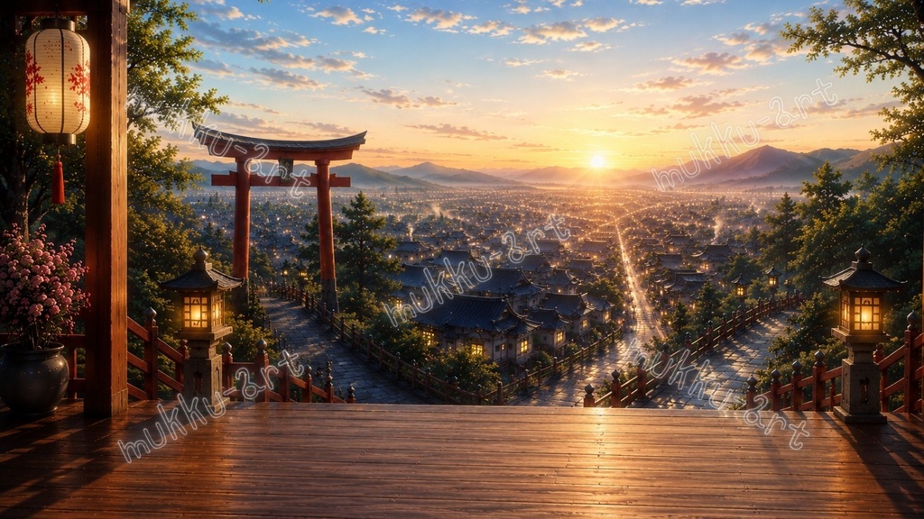 【VTuber配信背景】和風神社テラス背景4種セット|夜景・夕焼け・朝・紫陽花雨上がり