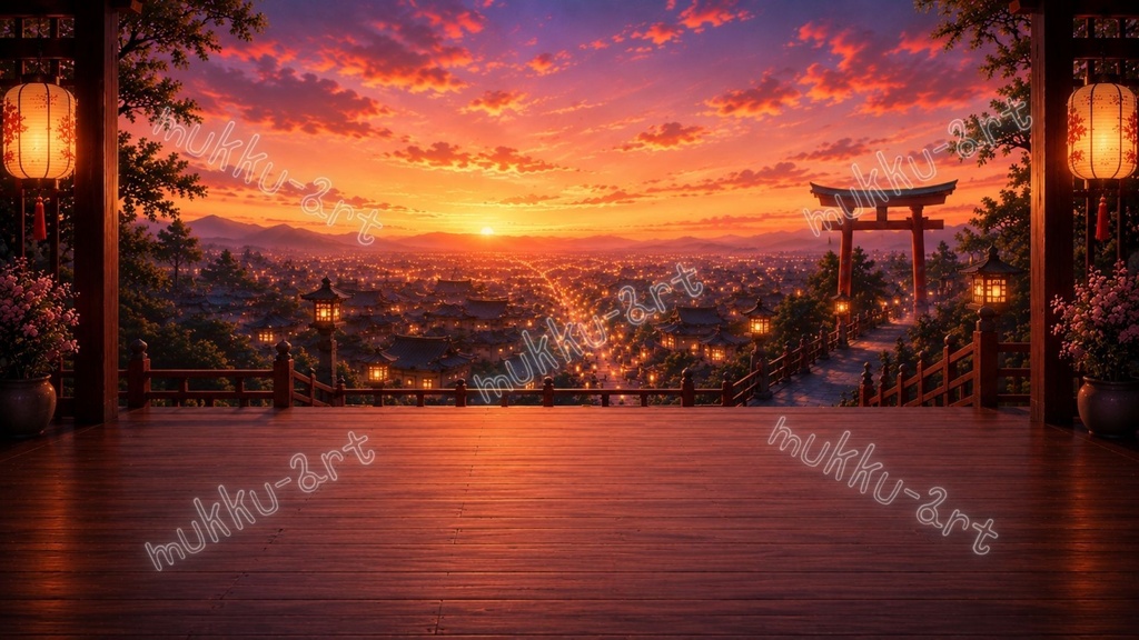 【VTuber配信背景】和風神社テラス背景4種セット|夜景・夕焼け・朝・紫陽花雨上がり