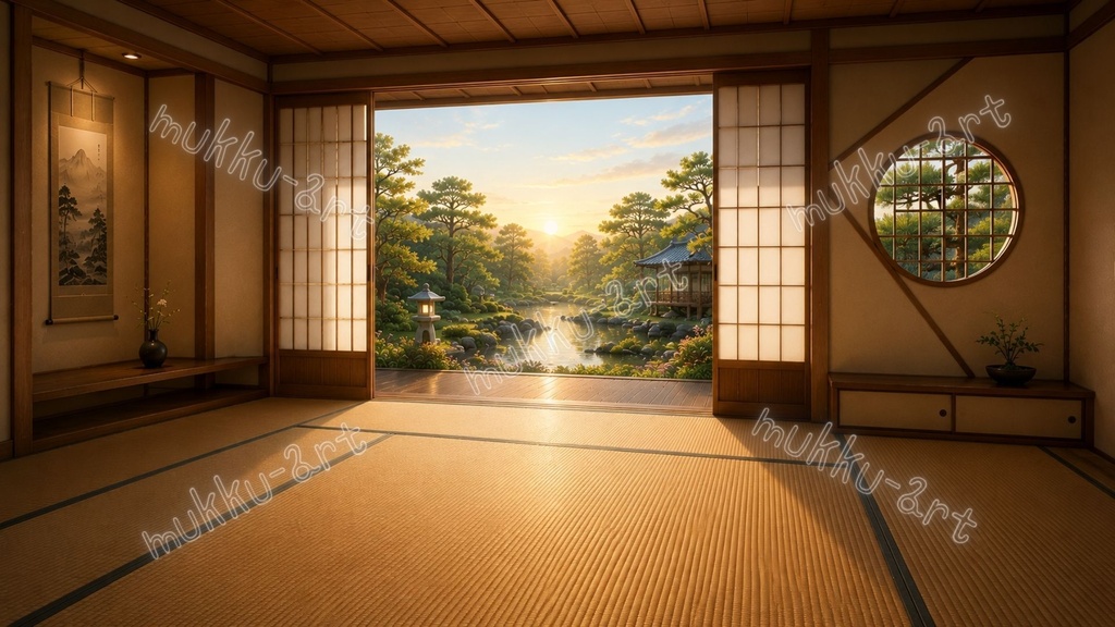 VTuber配信背景 和室・日本庭園セット|朝・夕・夜・雨上がり 6枚収録【待機画面・雑談・ASMR向け】