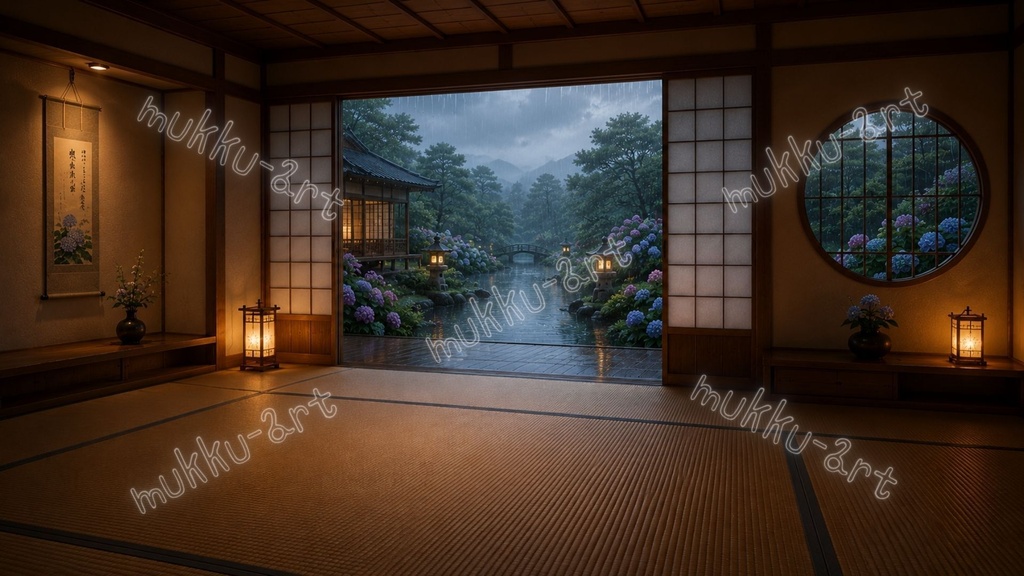 VTuber配信背景 和室・日本庭園セット|朝・夕・夜・雨上がり 6枚収録【待機画面・雑談・ASMR向け】