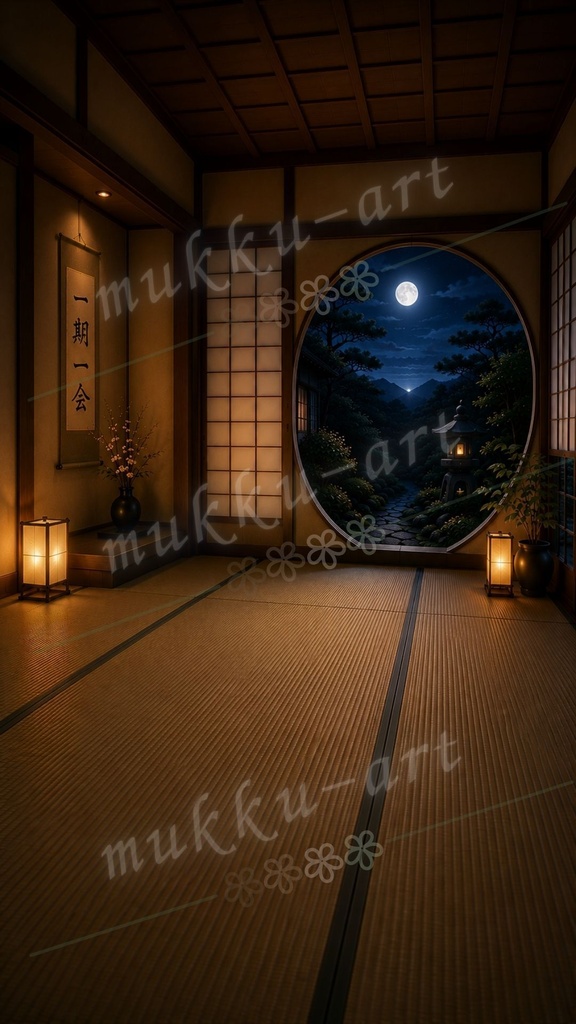 TikTok VTuber 配信背景 和モダン和室 月夜と雨の日本庭園背景5枚セット 雑談 歌枠 ASMR Vライバー Live2D対応 縦型9:16
