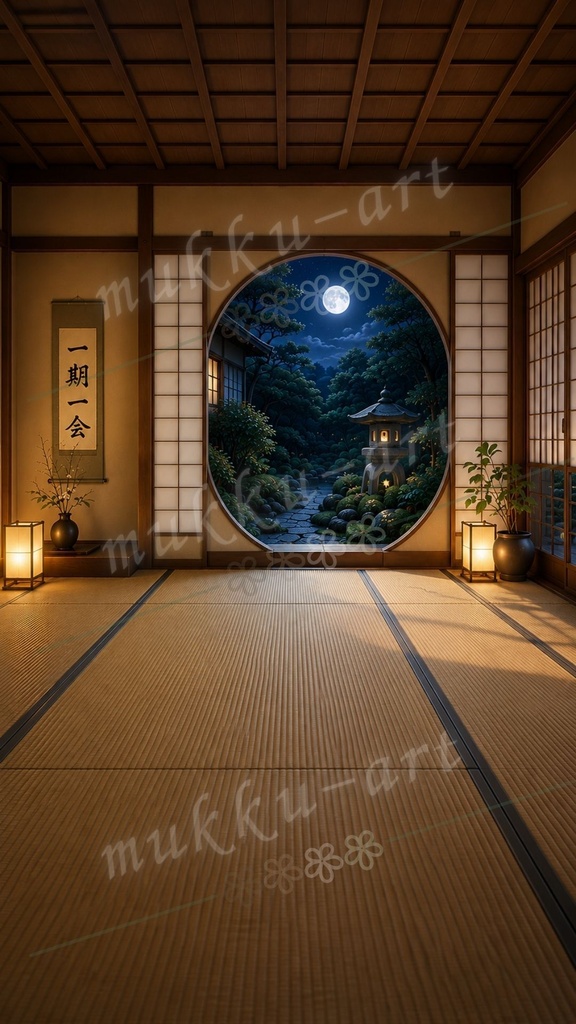 TikTok VTuber 配信背景 和モダン和室 月夜と雨の日本庭園背景5枚セット 雑談 歌枠 ASMR Vライバー Live2D対応 縦型9:16