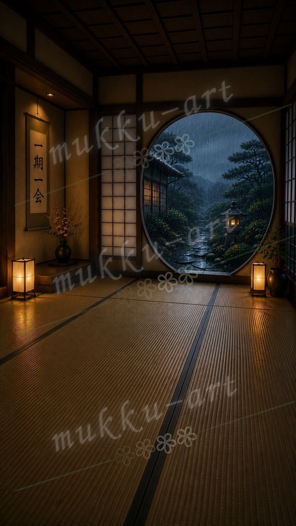 TikTok VTuber 配信背景 和モダン和室 月夜と雨の日本庭園背景5枚セット 雑談 歌枠 ASMR Vライバー Live2D対応 縦型9:16