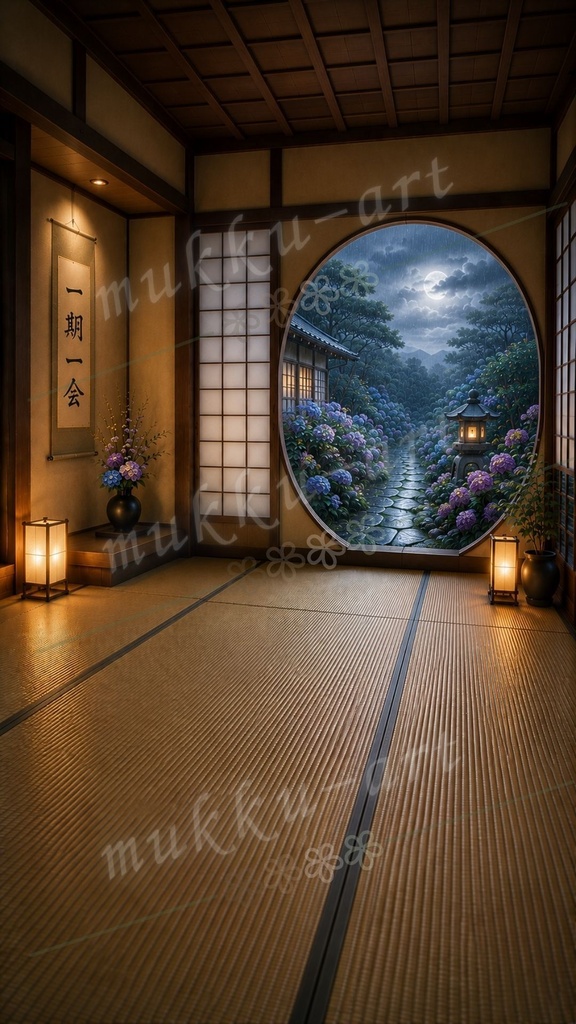 TikTok VTuber 配信背景 和モダン和室 月夜と雨の日本庭園背景5枚セット 雑談 歌枠 ASMR Vライバー Live2D対応 縦型9:16