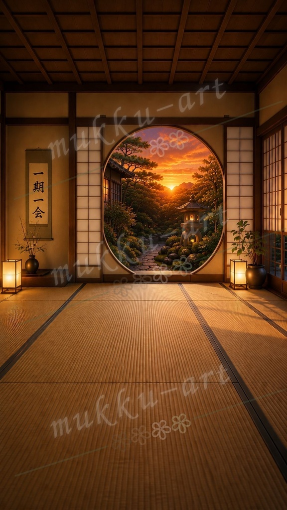 TikTok VTuber 配信背景 和モダン和室 月夜と雨の日本庭園背景5枚セット 雑談 歌枠 ASMR Vライバー Live2D対応 縦型9:16