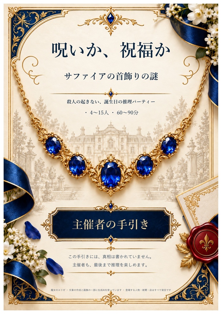 【無料】呪いか、祝福か ― サファイアの首飾りの謎|殺人の起きない誕生日の推理パーティー(4〜15人・60〜90分)