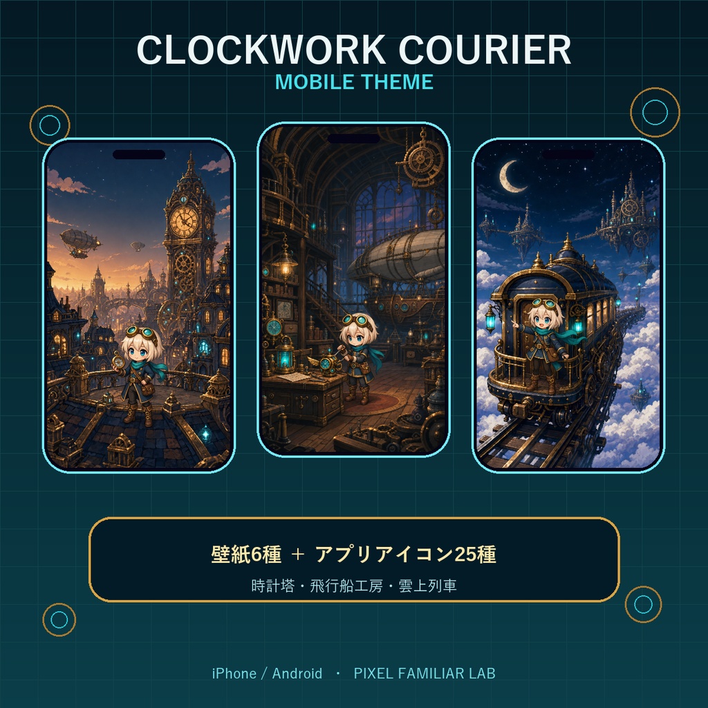 【スマホ着せ替え】時計仕掛けの旅人｜壁紙6種＋アプリアイコン25種