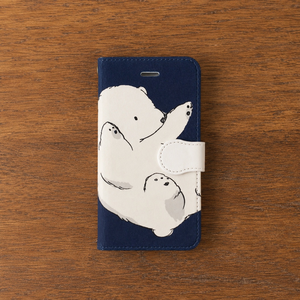 【送料無料】ネイビー・転がりシロクマの手帳型スマホケース
