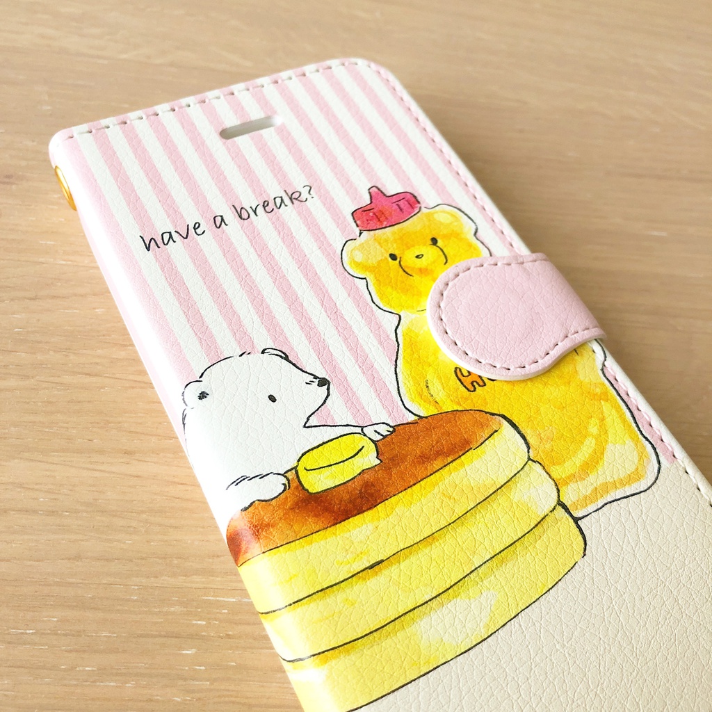 【送料無料】ストライプ・シロクマとホットケーキの手帳型スマホケース