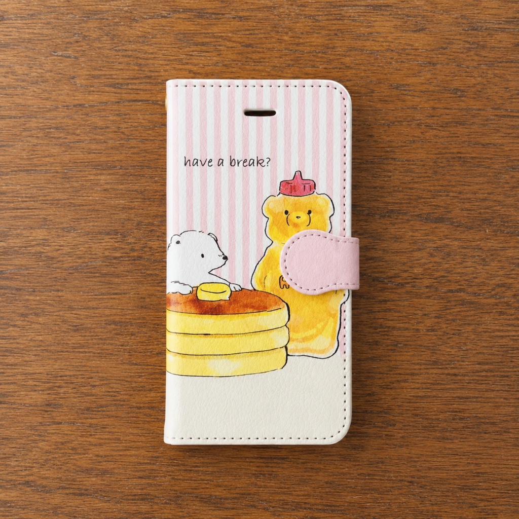 【送料無料】ストライプ・シロクマとホットケーキの手帳型スマホケース