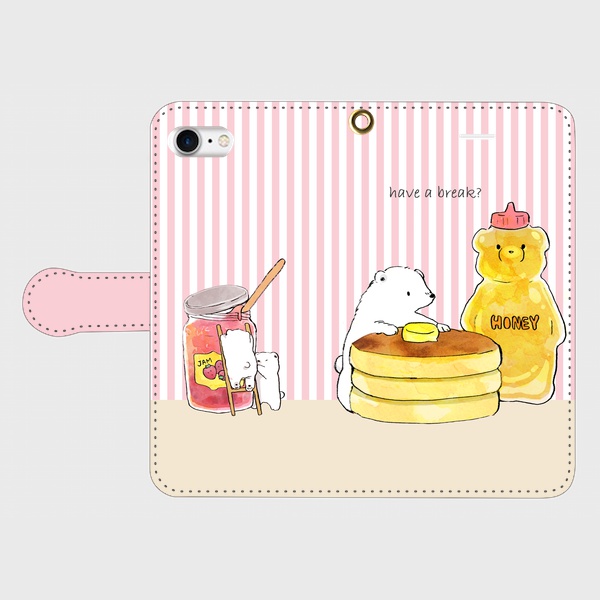 【送料無料】ストライプ・シロクマとホットケーキの手帳型スマホケース